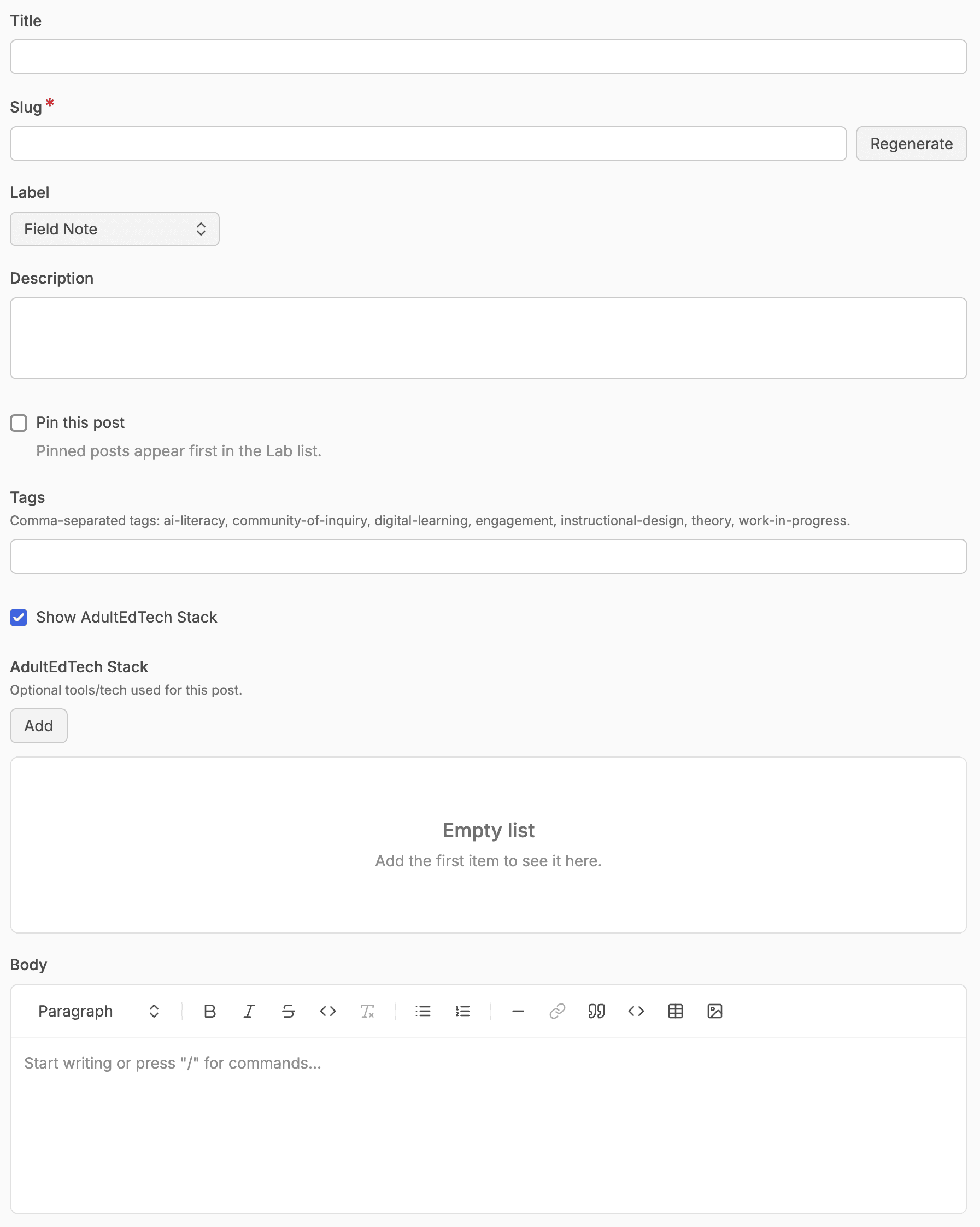 Screenshot of the custom Keystatic editor for AdultEdTech.com